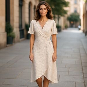 Everly Cream Polka Dot Print Midi Wrap Dress Large